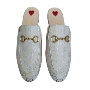 Gucci GG Princetown Horsebit Flat Mule Slipper Canvas White Silver Size 37 US 7